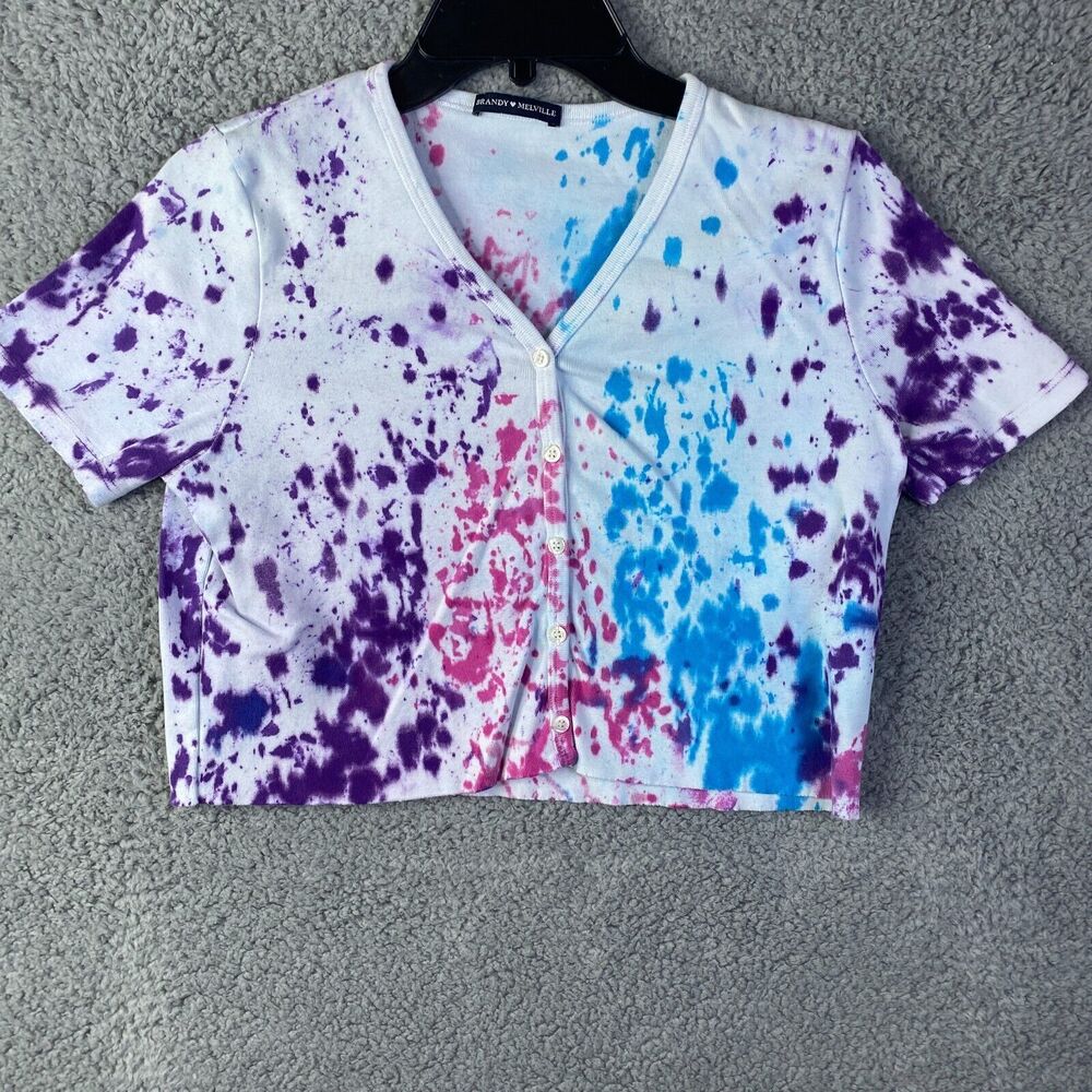 Brandy Melville Womens Crop Top Short Sleeve Button Down Multicolor Tye-Die